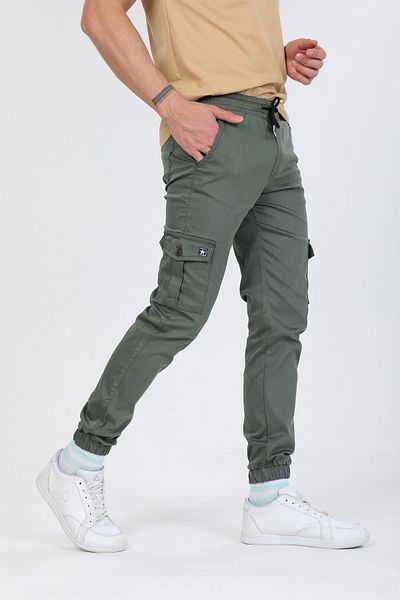 Serseri Slim Fit Green Light Jeans Cargo Pants with Side Pockets, Waist Lacing and Elasticized Legs