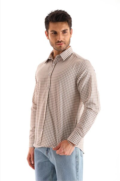 Catto Peak Ανδρικό πουκάμισο μπεζ με καρό σχέδιο - ριγέ και καρό