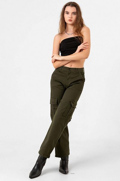 Domoda Khaki Cotton Stretchy Fabric Palazzo Wide Leg High Waist Women Cargo Pocket Pants @Florence