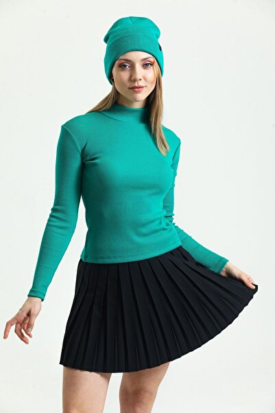 Domoda Πράσινη πλεκτή μπλούζα μακρυμάνικη καμιζόλα με ριμπ ζιβάγκο