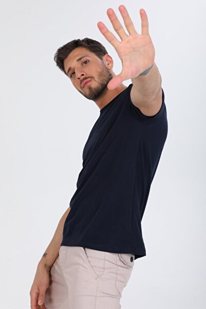 Domoda Navy Blue Oversize Fit Cotton Short Sleeve Basic Unisex Dirty Collar T-Shirt