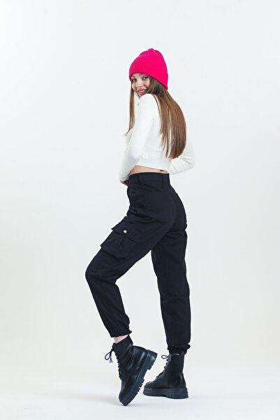 Domoda Černé dámské kalhoty Jogger Pohodlný střih s elastickou manžetou Cargo Pocket Gabardine