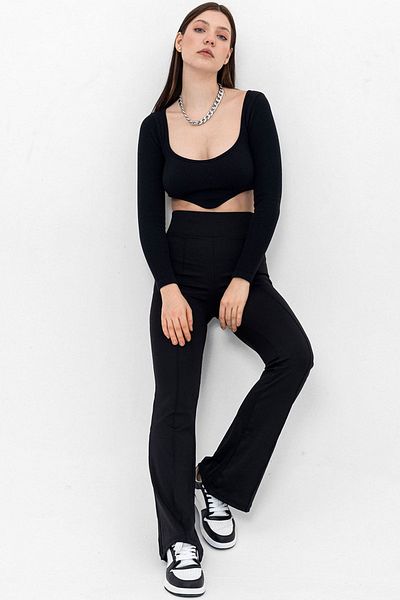 Domoda Black Striped Spanish Wide Leg Diving Scuba Knitted Stretch Trousers