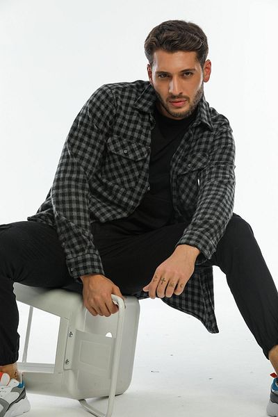 Blah Ανθρακί, διπλό πτερύγιο τσέπης Oversize καρό παχύ καρό σακάκι ανδρικό πουκάμισο ξυλοκόπος