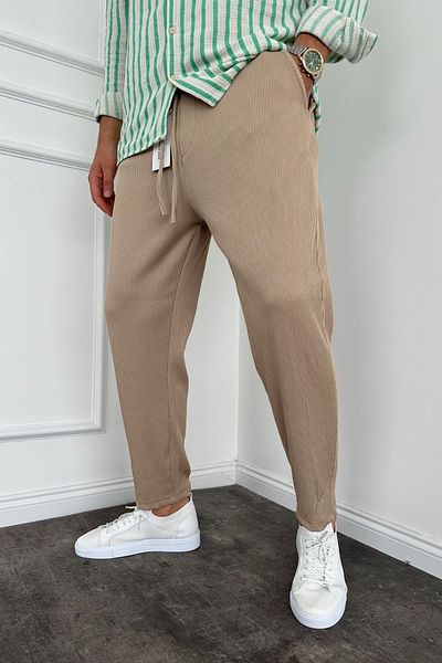 MADZEYMODA Ανδρικά - New Season Beige Jogger, Ελαστική μέση, Boyfriend Mold Ribbed