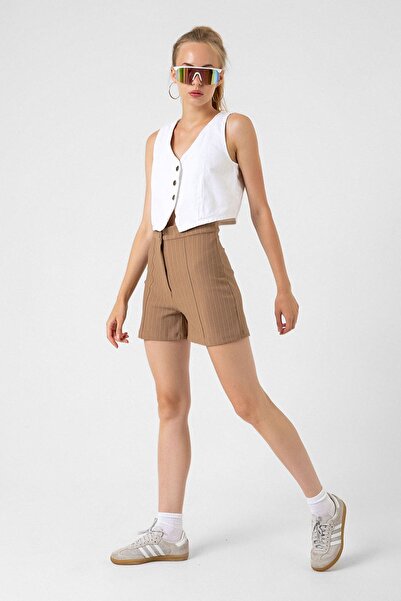 Domoda Bej Pin Stripe City Short Ince Çizgili Nervür Detaylı Fermuarlı Örme Kadın Şort