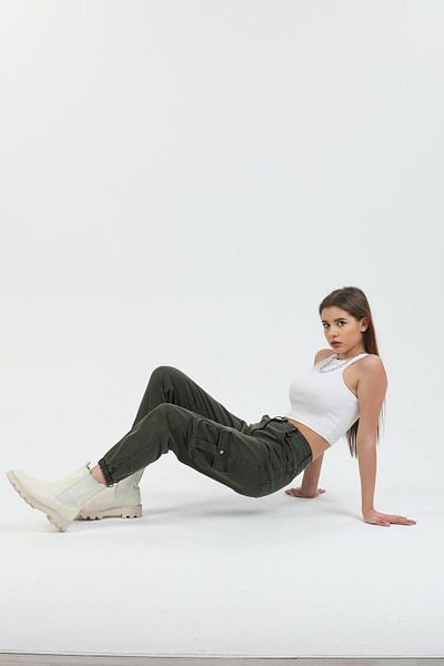 Domoda Khaki Jogger Comfortable Fit Elastic Legs Cargo Pocket Gabardine Women's Trousers