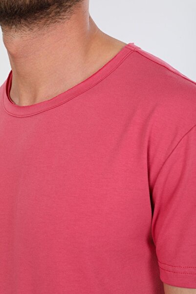 Domoda Pink Oversize Fit Cotton Short Sleeve Basic Unisex Dirty Collar T-Shirt