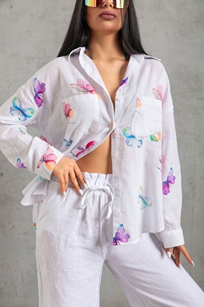 Maule Жіноча літня сорочка - біла, з цифровим принтом метеликів, бавовна віскоза @farfalla