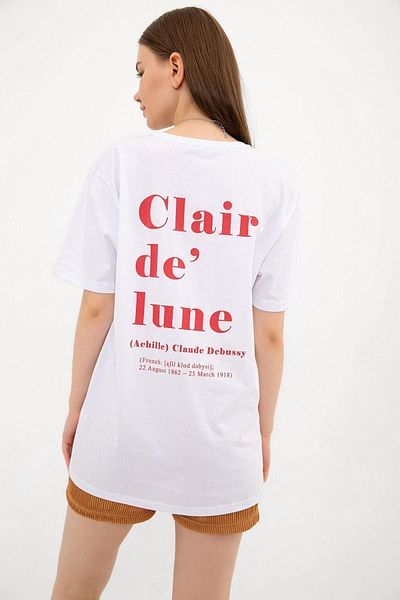 Domoda Tricou alb pentru femei, supradimensionat, 100% bumbac, cu imprimeu grafic Clair De Lune, pe spate