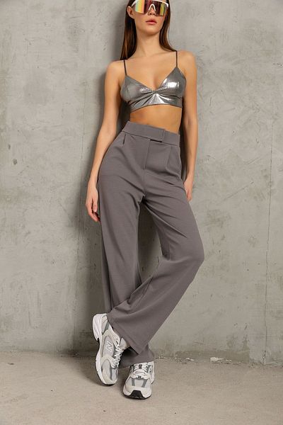 Domoda High Waist Gray Pleated Women's Trousers - Velcro, Casual and Stylish Use, Comfortable @marsilya