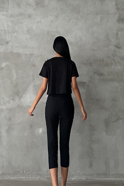 Domoda Black Crop Boxy Women's Blouse - 100% Cotton, Crew Neck, Ribbon @Novara