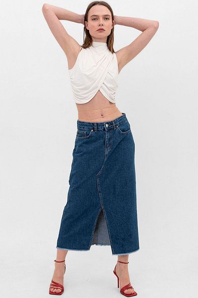 Domoda 5 zsebes Indigo Jean szoknya - elöl hasíték, vágott vég
