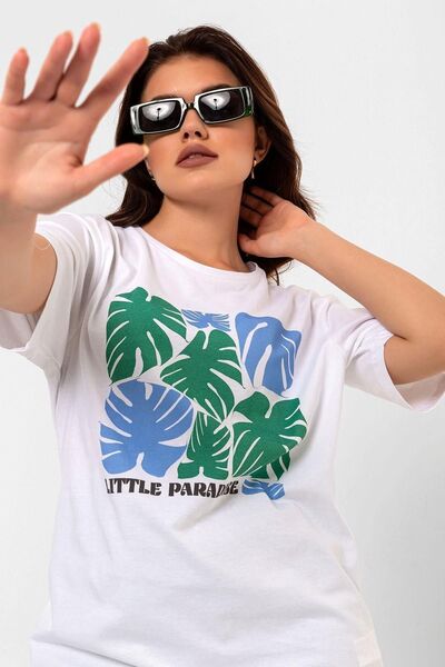 Blah Tricou de damă oversize alb cu decolteu triplu Little Pradise cu imprimeu verde