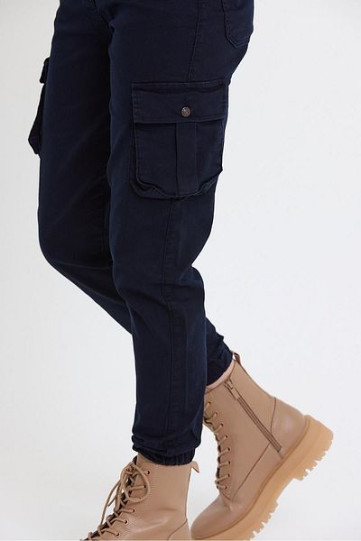 Domoda Navy Blue Jogger Comfortable Fit Elastic Legs Cargo Pocket Gabardine Women's Trousers