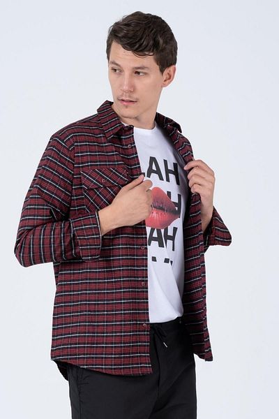 Domoda Μπορντό διπλό πτερύγιο τσέπης Oversize καρό φανελένιο καρό ανδρικό σακάκι ανδρικό πουκάμισο