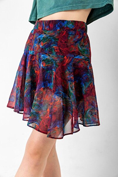 Domoda Red Patterned Women's Chiffon Mini Skirt with Shorts Inside and Elastic Waist