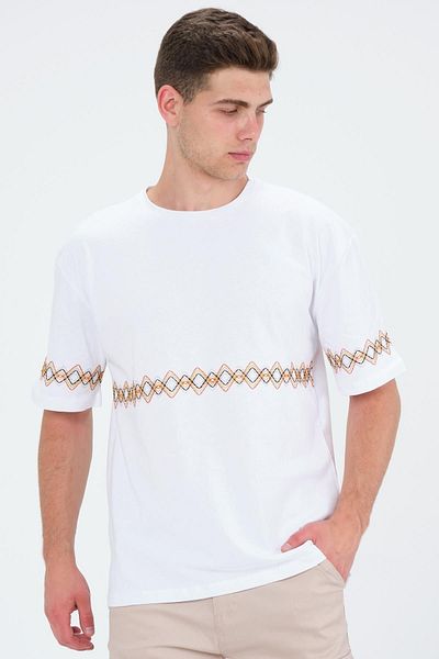 Domoda Λευκό Oversize Fit Βαμβακερό κοντό μανίκι Basic κεντημένο μπλουζάκι με λαιμόκοψη