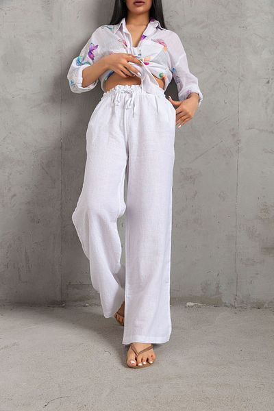 Maule Pantaloni elastici pentru femei 100% in, cu picioare largi, cu șireturi @leon