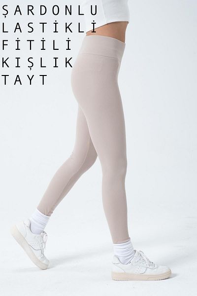 Domoda Beige Fleece-Innenseite, elastisch, erhöht, gerippt, geraffte Interlock-Winterstrick-Leggings @verona
