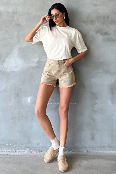 Domoda Beige Boxy Short Sleeve Women's T-Shirt - 100% Cotton Comfortable Fit @ravenna