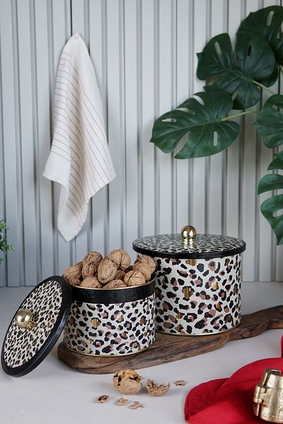 EVLE Leo Pattern Metal Storage Container Set - Set of 2 (1.3 Lt - 2.9 Lt) Erb53V4