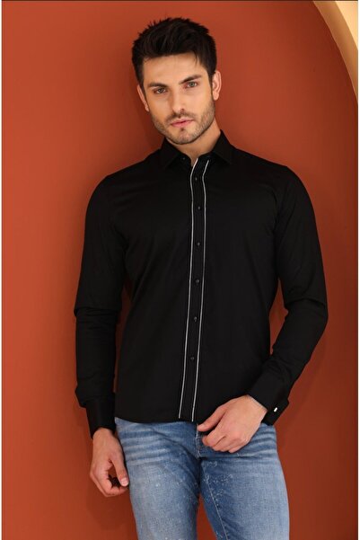 Catto Peak Cămăși negre slim fit pentru bărbați - manșete duble, cu butoni pe...