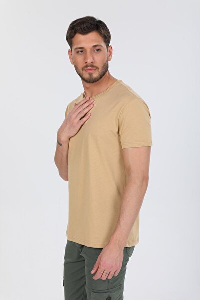 Domoda Beige Oversize Fit Cotton Short Sleeve Basic Unisex Dirty Collar T-Shirt