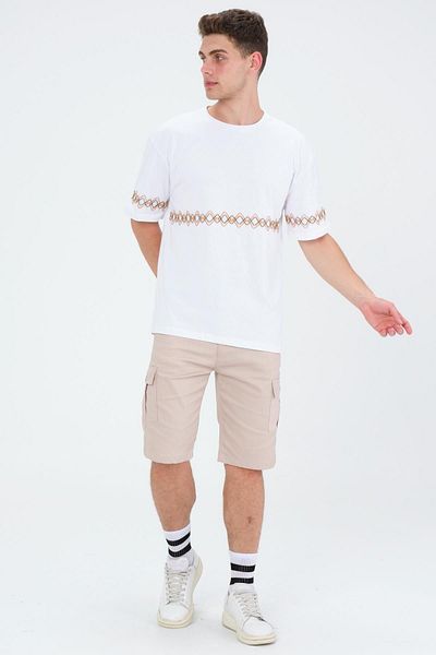 Domoda Λευκό Oversize Fit Βαμβακερό κοντό μανίκι Basic κεντημένο μπλουζάκι με λαιμόκοψη