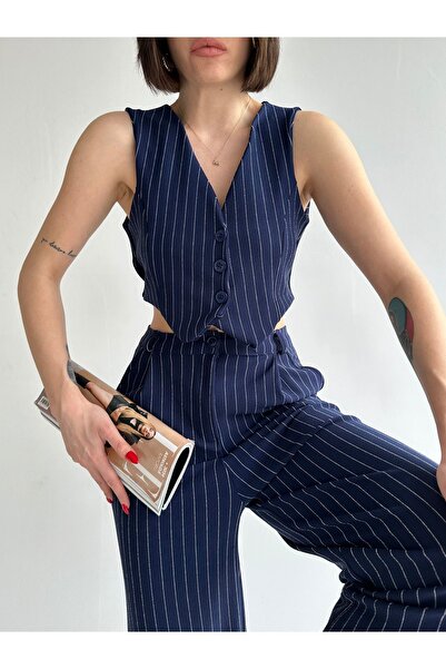 ALLİVA GİYİM Pantaloni Palazzo damă, cu nasturi, vestă scurtă, costum cu dung...