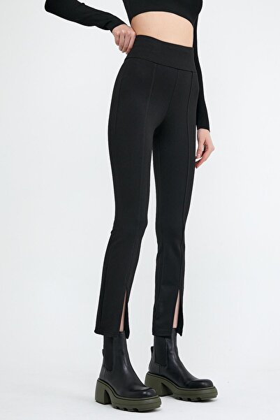 Domoda Black High Waist Front Slit Wide Leg Winter Tights