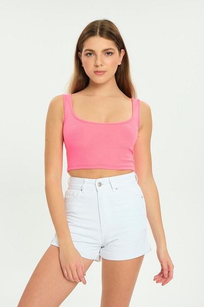 Domoda Růžový Crop Top Košilka s tlustým řemínkem Žebrovaný krátký dámský atlet