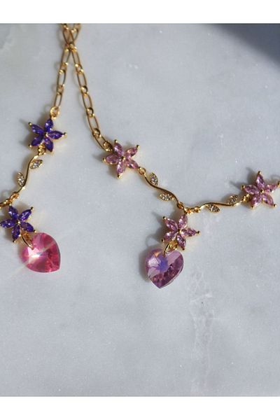 Reorah Collection Crystal Castle Princess Flower Heart Necklace-alexa (FLOWERS PINK)