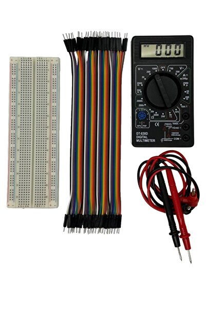 Arduino Projeleri Elektronik Set Süper 3'lü 830 Pin Breadboard, 40'lı E-e Jumper Ve Multimetre Ölçü Aleti 9v Pil Dahil