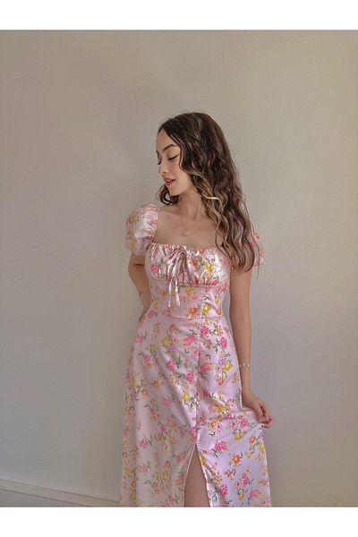 Reorah Collection Pink Floral Pattern Slit Dress with Watermelon Sleeves