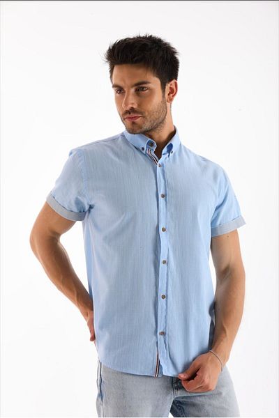 Catto Peak Men's Shirt - Light Blue Striped, Shortcut Regular Cut