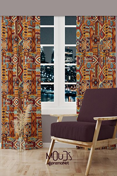 Moud's Etnik Kilim Desenli Süet Oturma Odası Salon Fon Perde Baskılı Ekstrafo...