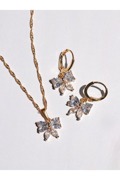 Reorah Collection Zircon Stone Detailed Bow and Earring Necklace Set