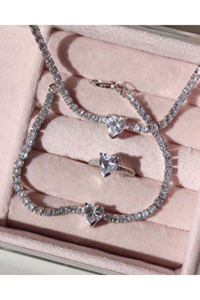 Reorah Collection Shiny Love Kolye Bileklik Yüzük Seti-gümüş Kaplama-beyaz