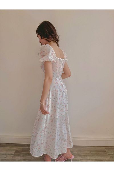 Reorah Collection White Floral Pattern Slit Dress with Watermelon Sleeves