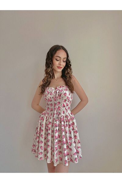 Reorah Collection Pink Floral Patterned Polka Dot Rose Dress