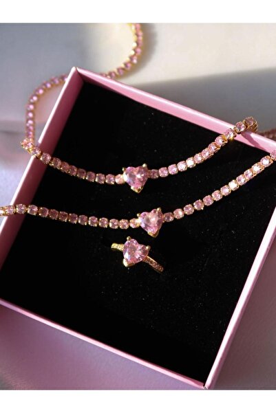 Reorah Collection Shiny Love Kolye Bileklik Yüzük Seti-altın Kaplama-pembe