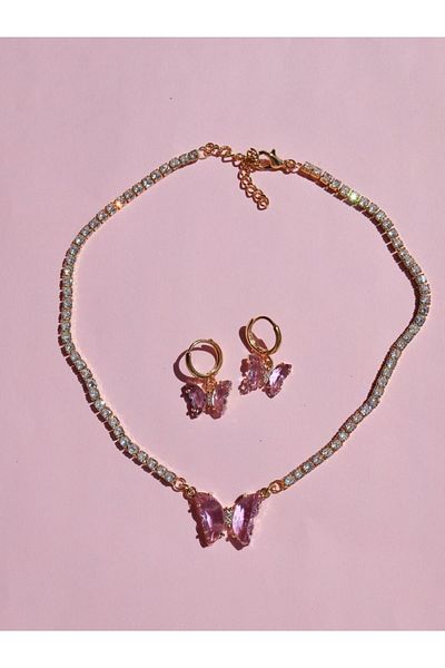 Reorah Collection مجموعة قلادة وأقراط على شكل فراشة من حجر الزركون المائي
