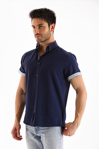 Catto Peak Ανδρικό κανονικό πουκάμισο με κοντό μανίκι μπλε ριγέ