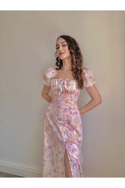 Reorah Collection Pink Floral Pattern Slit Dress with Watermelon Sleeves