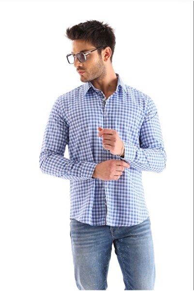 Catto Peak Cămașă albastră pentru bărbați cu model în carouri