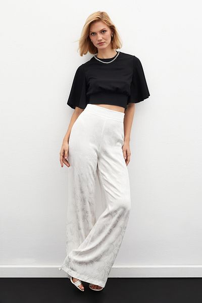 Sateen Ekru Jacquard Loose Trousers