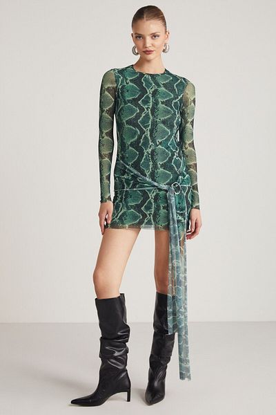 GRIMELANGE Marian Green Stretch Knitted Dress - Belt Binding Detail, Tulle Lined, Regular Fit