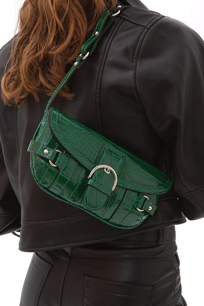 minebag Patent Leather Sketch Printed Baguette Emma Women's Shoulder Bag Green