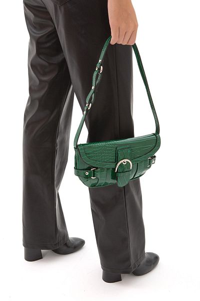 minebag Patent Leather Sketch Printed Baguette Emma Women's Shoulder Bag Green